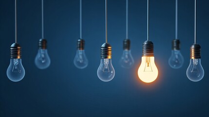 One light bulb glowing among dim ones in dark blue background
