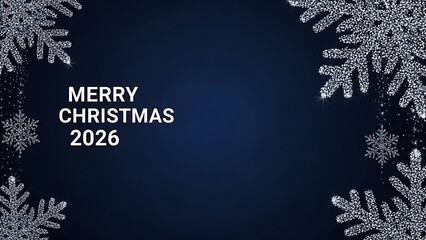 Elegant glitter snowflake border frames a dark blue background wishing merry christmas 2026