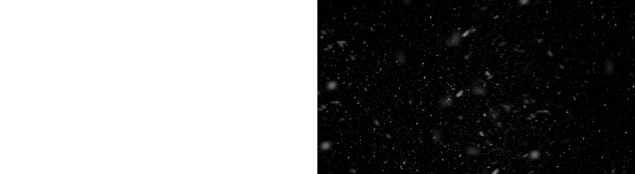 PNG image of black and white static noise texture overlay next to a dark falling snow effect footage on transparent background