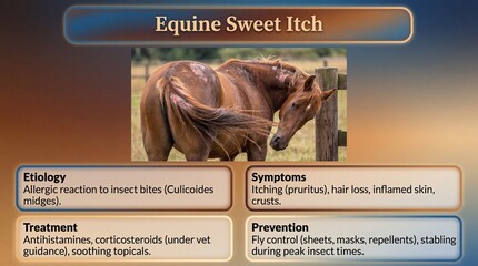 Equine sweet itch symptoms, horse allergy to insect bites, skin irritation, veterinary care, equine health issue, horse itching, skin lesions, animal disease, horse care