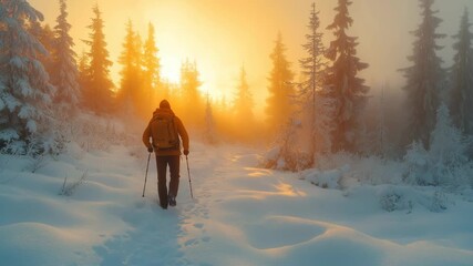 A lone hiker walks through a snowy winter forest at sunrise. A symbol of adventure, solitude, and perseverance. Ideal for travel vlogs, motivational content, and outdoor brand promotions