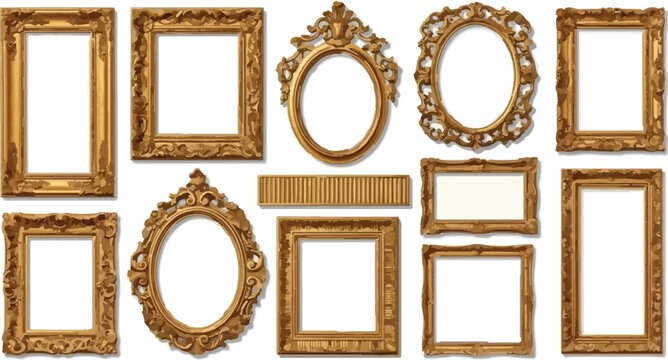 Set of ornate golden picture frames for a gallery wall display isolated vector with Transparent Background