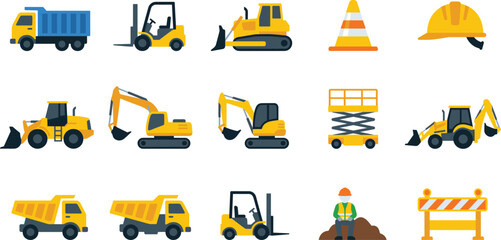 Construction equipment icon set featuring dump trucks excavators forklifts bulldozers safety helmet cones barriers vector illustration flat design industrial machinery © MdAnoar