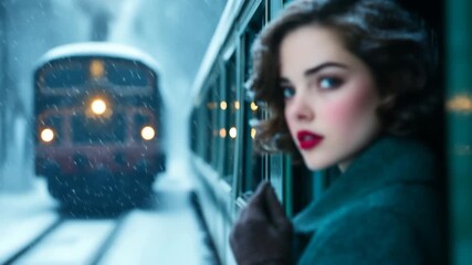 Cinematic portrait of a beautiful woman on a vintage train in a snowstorm. A symbol of romance, mystery, and nostalgic journeys. Ideal for period dramas, fashion ads, and book covers