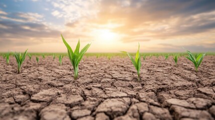 Green Grass Sprouts Growing in Dry Cracked Soil Under Sunrise Clouds