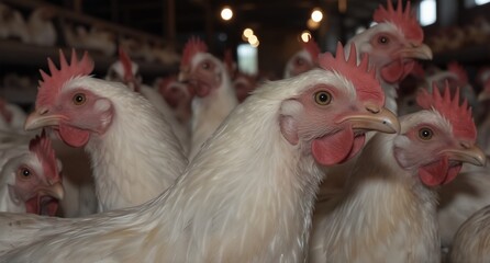 Naklejka premium close up of white broiler chickens in a farm setting with shallow depth of field.