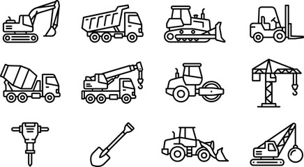 Construction equipment outline icon set with excavator dump truck bulldozer crane forklift roller tools vector illustration isolated © MdAnoar