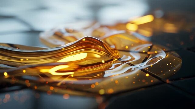Abstract golden liquid flowing over a dark hexagonal grid surface with glowing particles showcasing dynamic motion and futuristic technology concepts