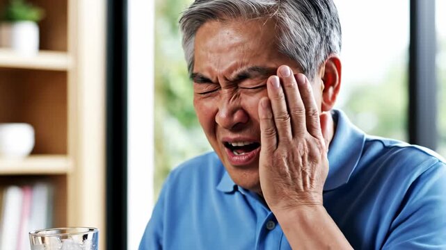 Senior Asian man feeling sharp toothache pain while drinking cold water. Elderly male wincing and touching cheek due to sensitive teeth. Dental health concept