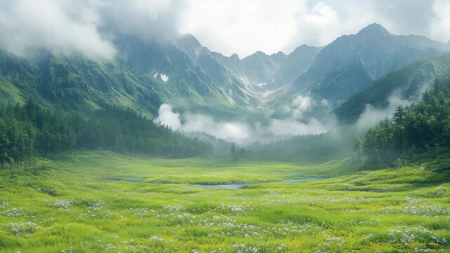 Epic mountain valley with a green meadow and misty clouds. A symbol of nature, tranquility, and adventure. Perfect for travel films, meditation backgrounds, and environmental content.