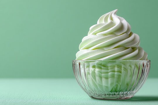 Minty Swirl: A refreshing swirl of mint-flavored soft serve ice cream rests elegantly in a clear glass bowl, showcasing a cool treat. 