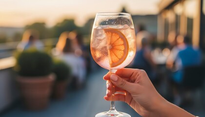 A close-up image shows a hand holding a stemmed glass with a refreshing beverage garnished with an orange slice, outdoor setting with blurred background and warm lighting