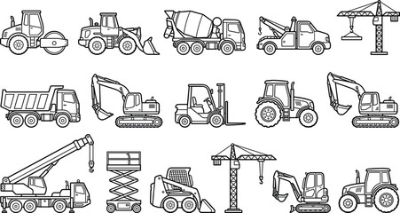 Construction machinery outline icon set with excavator forklift crane dump truck tractor concrete mixer vector illustration isolated © MdAnoar