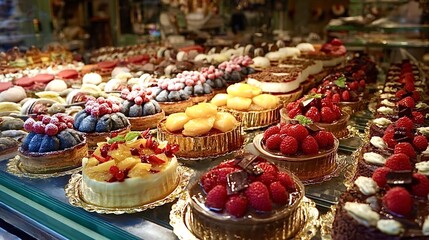 Assortment of gourmet fruit tarts and chocolate pastries