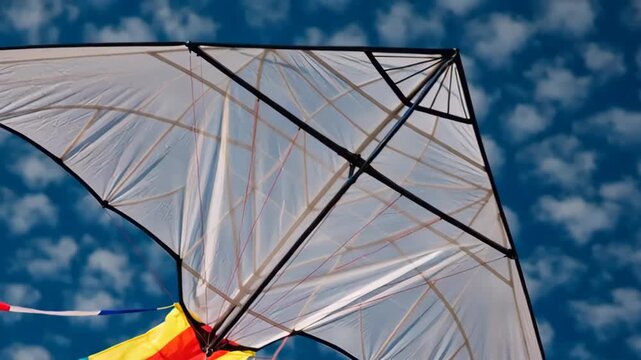 Colorful kite soaring against a blue sky with wispy clouds, showcasing intricate design and vibrant colors