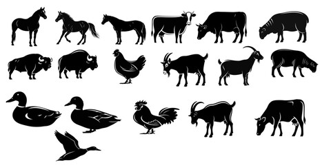 A collection of various animal silhouettes in a horizontal arrangement on a white background