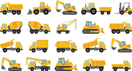 Construction vehicle flat icon set with trucks excavators loaders cranes dump trucks forklifts heavy machinery isolated on white © MdAnoar
