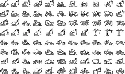 Construction vehicle outline icon set with excavator bulldozer crane dump truck forklift heavy machinery symbols collection © MdAnoar