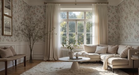bright airy living room interior with floral wallpaper, cozy sofa, and natural light streaming through a large window.
