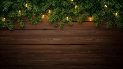christmas, holiday, winter, trendy, Festive Christmas fir branches with warm glowing fairy lights draped across a dark rustic wooden background perfect for holiday invitations win