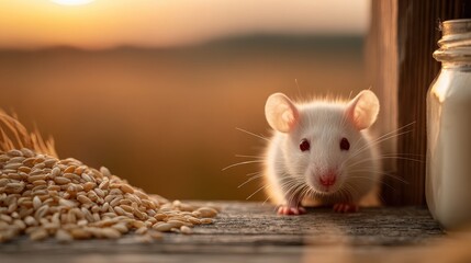 A cute white fancy rat reaching for grain outdoors