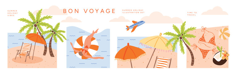 Vector illustration with tropical beach, palm trees, bikini, coconut, deckchair, airplane, umbrella, sea and travel elements. Holiday, vacation and summer banner for promotion. © roze ultra