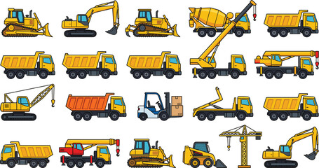 Construction vehicles illustration set featuring trucks excavators cranes bulldozers loaders forklifts heavy machinery icons for industrial engineering projects and transportation © MdAnoar