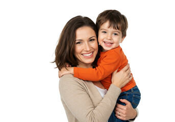 Happy mother holding her smiling son isolated on transparent background