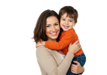 Happy mother holding her smiling son isolated on transparent background