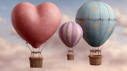 Multiple patterned balloons, one main heart-shaped balloon, baskets, sunrise sky background. Festival poster, ticket voucher, card. Valentine&rsquo;s Day hot air balloon festival set.