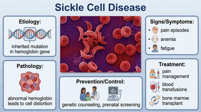 Sickle cell disease medical infographic with red blood cells, dna, symptoms and treatment information