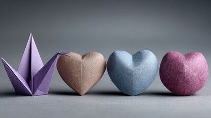 Valentine&rsquo;s Day origami paper posters. Folded paper cranes, origami hearts, clean folds, soft paper texture background