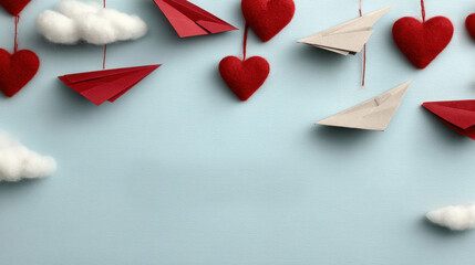 Valentine&rsquo;s Day paper airplane messages. Vector illustration. Fleet of paper planes, some trailing hearts, clouds, sky blue background