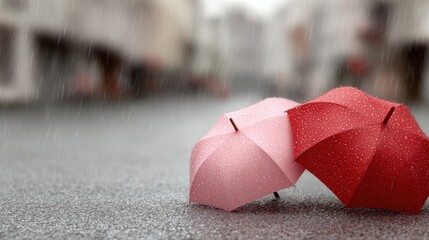Umbrellas, hearts on window glass, rain droplets, puddle reflections, cool grey background