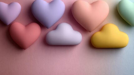 Valentine&rsquo;s Day rainbow bright set. Layered rainbows, cloud hearts, sunshine, gradient pastel background. Inclusive love event flyer, promo, card. Area for text