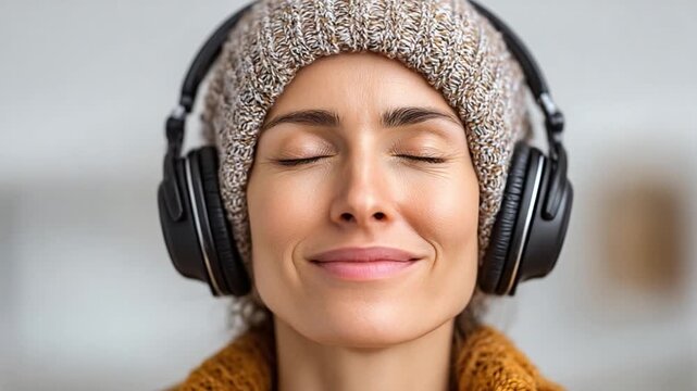 Serene Soundscape: A woman finds solace in music, her eyes closed and a peaceful smile gracing her face as she listens through headphones. Embracing moments of tranquility and self-reflection.