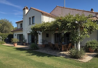 Obraz premium rustic french villa with outdoor dining and citrus trees on a sunny day