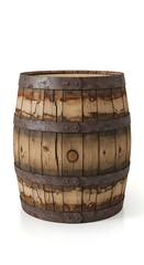 Obraz premium A vintage wooden barrel, aged and weathered, held together with rusty metal bands, isolated against a white backdrop