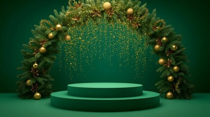 christmas, holiday, winter, trendy, Festive Christmas archway with golden baubles and sparkling glitter a minimalist green podium display for product presentation ideal for holida