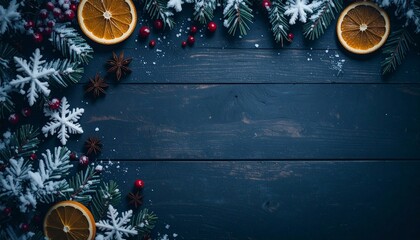High-Quality Dark Rustic Wooden Christmas Background &ndash; Minimalist Hyper-Realistic Wood Panels with Snowy Branches and Festive Accents; Copy Space for Your Holiday Message