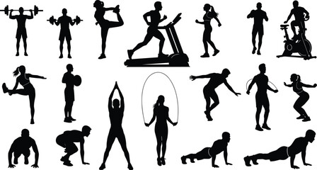 Fitness workout silhouette illustration set, gym training exercises, yoga cardio strength poses, healthy lifestyle sport activities, black white design