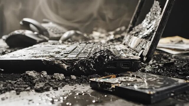 A destroyed and burnt laptop smoking after a fire. Close-up of a melted computer and damaged hard drive. Data loss and technology disaster concept