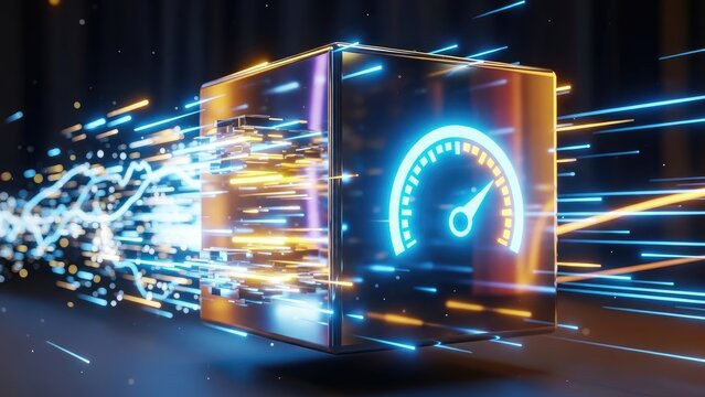 Glowing blue speedometer on a futuristic cube with neon lights and motion blur - Powered by Adobe
