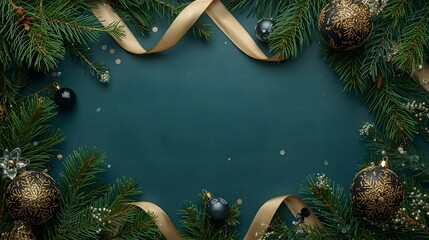 christmas, holiday, winter, trendy, Elegant Christmas frame with fir branches golden ribbon and baubles creating a festive border for holiday greetings invitations and seasonal ma