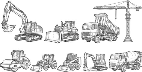 Hand drawn construction machinery illustration set with excavator bulldozer dump truck crane roller loader detailed industrial sketch artwork © MdAnoar