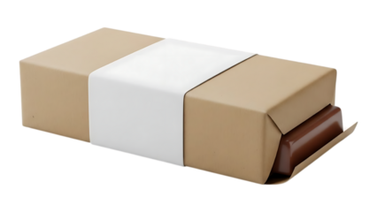 A partially opened cardboard box with a white label and brown contents