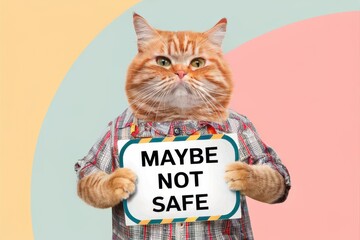 Cat holding sign saying 'maybe not safe' isolated on white background