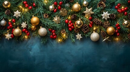 christmas, holiday, winter, trendy, Festive Christmas garland border with glowing fairy lights golden baubles pine cones and holly berries creating a warm and inviting holiday sea