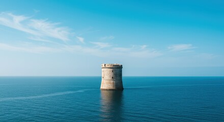 Ancient stone watchtower stands isolated in vast expanse of deep blue sea under bright sky
