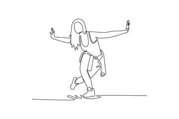 Young attractive brunette woman doing zumba dance workout. Physical Activity concept. Single line draw design. Vector graphic illustration